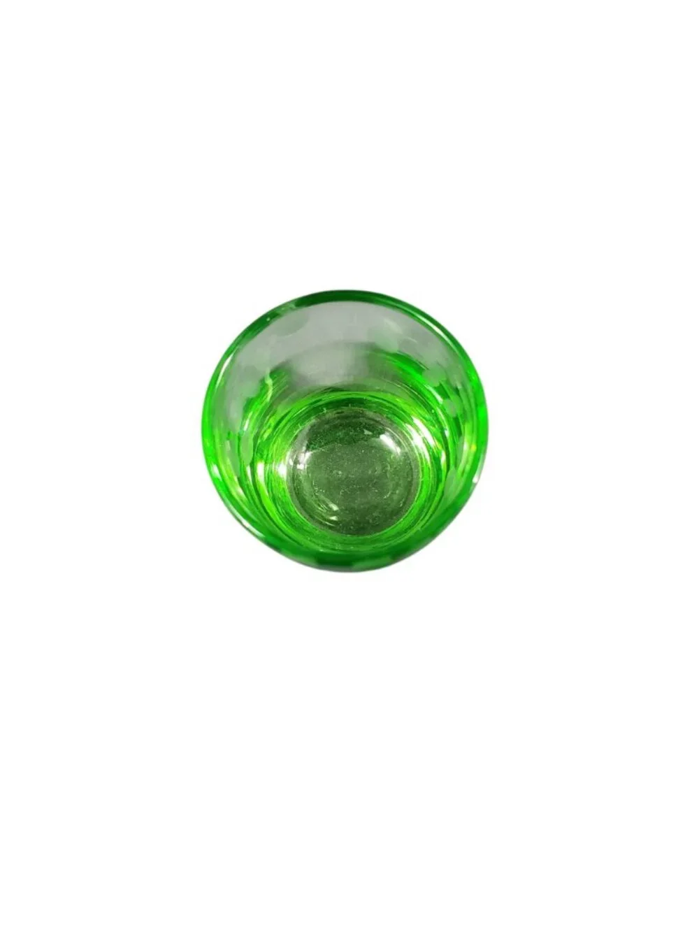 Vintage Uranium Vaseline Wheel Cut Etched Shot Glass Glows 2